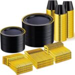 WELLIFE 600 PCS Black and Gold Disposable Dinnerware Set for 100 Guests, Gold ri... - Image 2