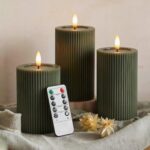 WYZworks Fluted Ribbed LED Pillar Candles, Loden Green, with Realistic Reflectiv... - Image 2