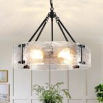 Water Textured Glass Drum Chandelier,22" Round Black Drum Chandeliers for Dining... - Image 2