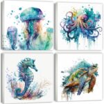 Watercolor Octopus Seaturtle Seahorse Jellyfish Wall Art Beach Bathroom Decor Se... - Image 2