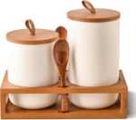 White Ceramic Canister Set of 2 with Bamboo Lids, Wooden Stand & Spoons – 35oz &... - Image 2
