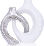 White Ceramic Vase Set of 2, White and Silver Round Donut Ceramic Decorative Vas... - Image 2