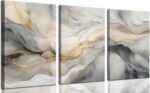 White and Grey Canvas Wall Art Set of 3 Abstract Beige Gold Marble Fluid Wall De... - Image 2