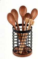 Wooden Utensil Holder for Kitchen Countertop, Rustic Metal Wire Cutlery Stand wi... - Image 2