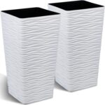 Worth Garden 22" Tall Planters Set of 2 - Plastic White Square Plant Pots with D... - Image 2