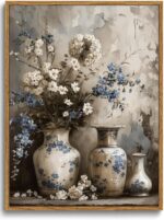 XLARTMY Framed Farmhouse Floral Canvas Wall Art,Vintage Blue and White Wall Art ... - Image 2