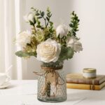 YJ Fake Flowers with Vase, Silk Roses Artificial Flowers in Vase, Faux Flower Pl... - Image 2