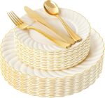YOUBET 125PCS Scalloped Plastic Plates - Ivory Scalloped Disposable Plates - Gol... - Image 2