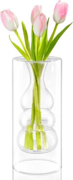 ZENS Clear Glass Bubble Flower Vase, Modern Hand Blown Hollowed Out Glass Vase f... - Image 2
