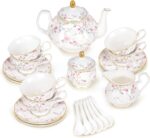 fanquare 21-Piece Gold Vine Floral Porcelain Tea Sets with Sugar Bowl Creamer Te... - Image 2