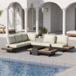 homary 6 Piece Aluminum & Teak Outdoor Sofa Set, Patio Sofa Seat L-Shaped Outdoo... - Image 2