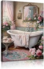 lkjhgf999 Pink Flowers Theme Bathroom Canvas Wall Art Vintage Bathtub Painting P... - Image 2