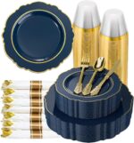 realluck 350 Piece Navy Blue Plastic Dinnerware Set for 50 Guests Elegant Baroqu... - Image 2