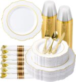 realluck 350 Piece White Gold Plastic Dinnerware Set for 50 Guests Elegant Baroq... - Image 2